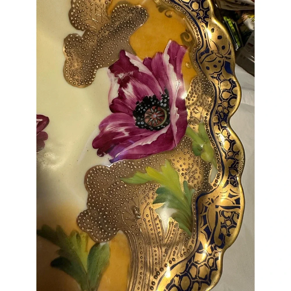 Antique Nippon Porcelain Bowl Poppy Flowers Pink Fuschia Gold Beading 11